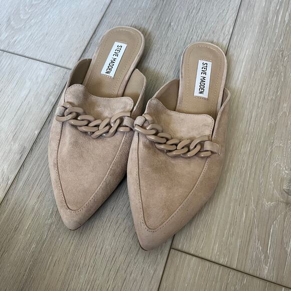Steve Madden 'Approve' Women's 7.5 Suede Taupe Leather Chain Mule Slide - Picture 4 of 9